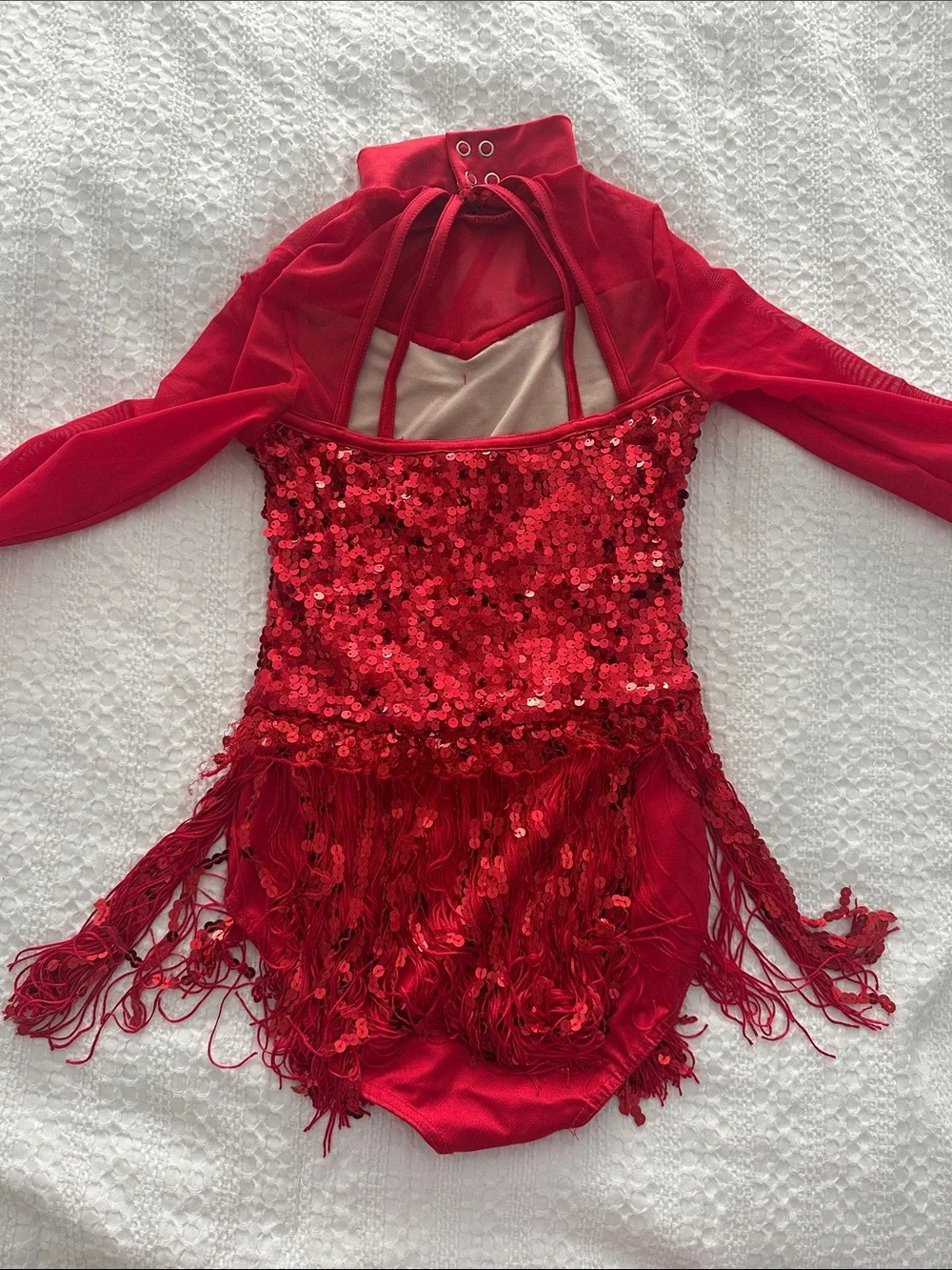 Weissman Red Sequin Fringe Dance Costume with Long Sleeves